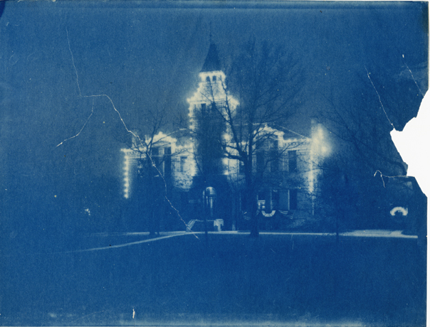 Linton Hall decorated with lights, date unknown