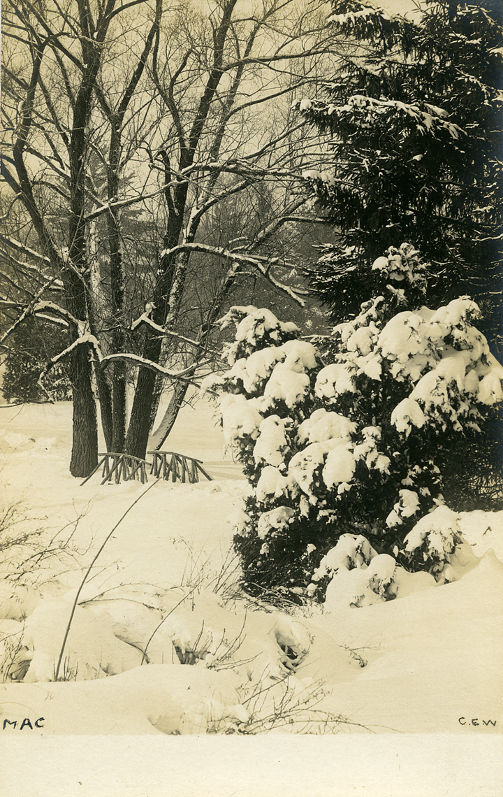 Campus bridge in winter, date unknown