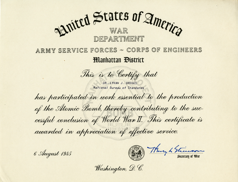 Lyman Briggs War Department Award