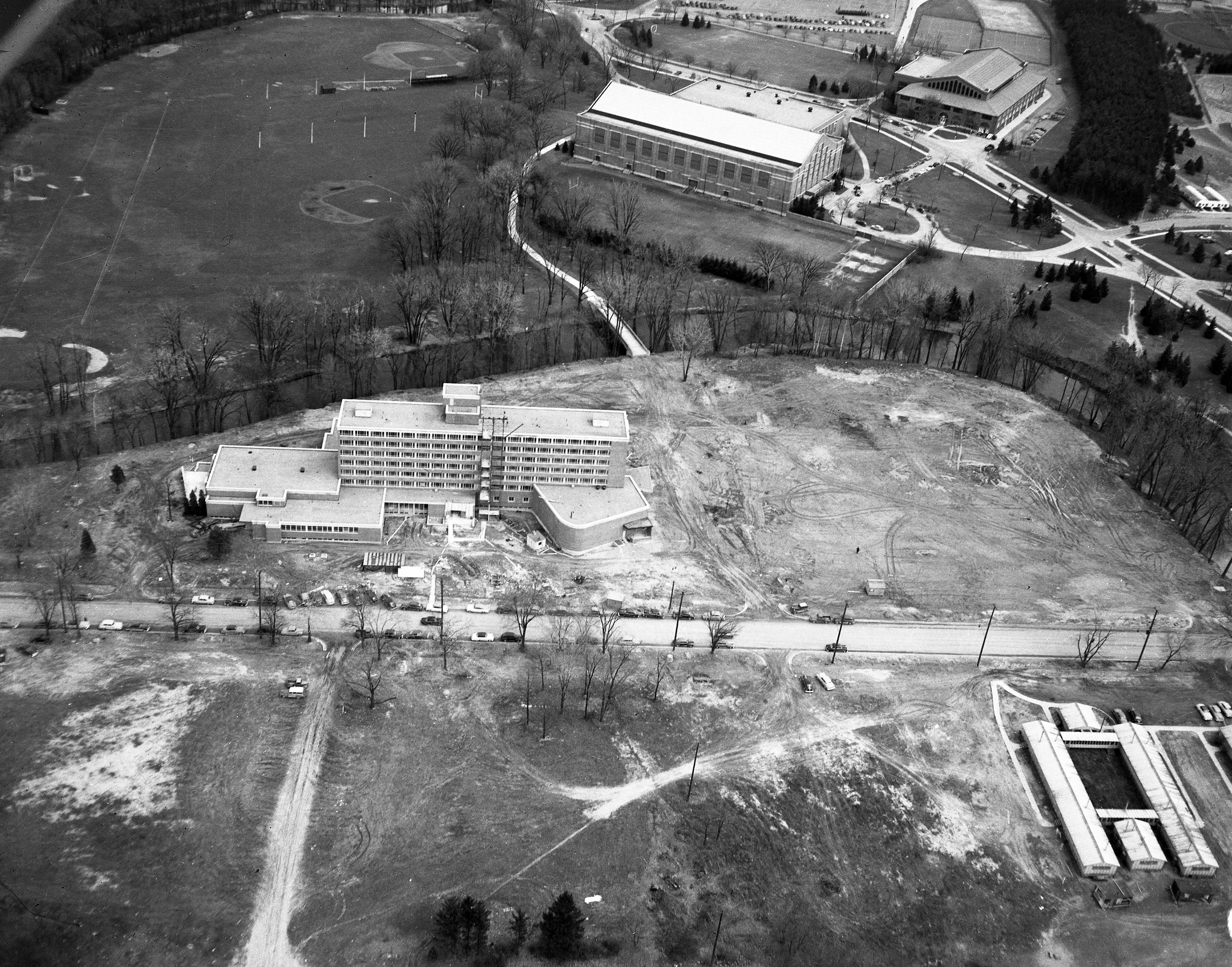 An aerial view of the construction of the Kellogg Center, 1951