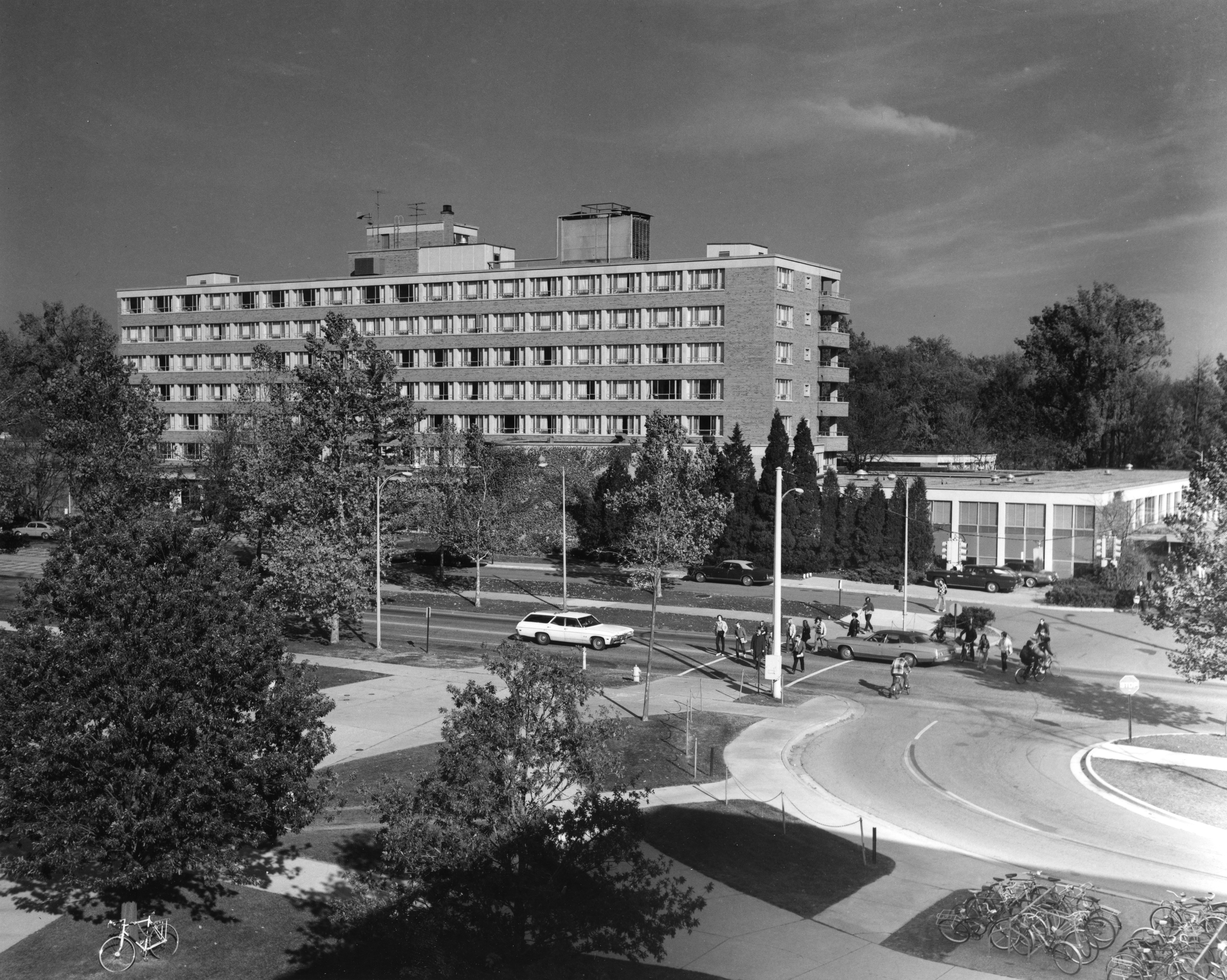 An exterior view of the Kellog Center, 1972