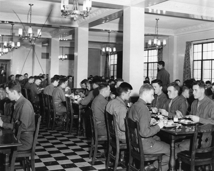 World War II cadets in dining hall, undated