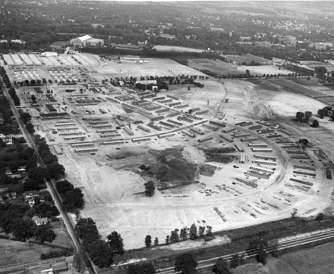 Aerial view of post-war temporary housing, circa 1940s