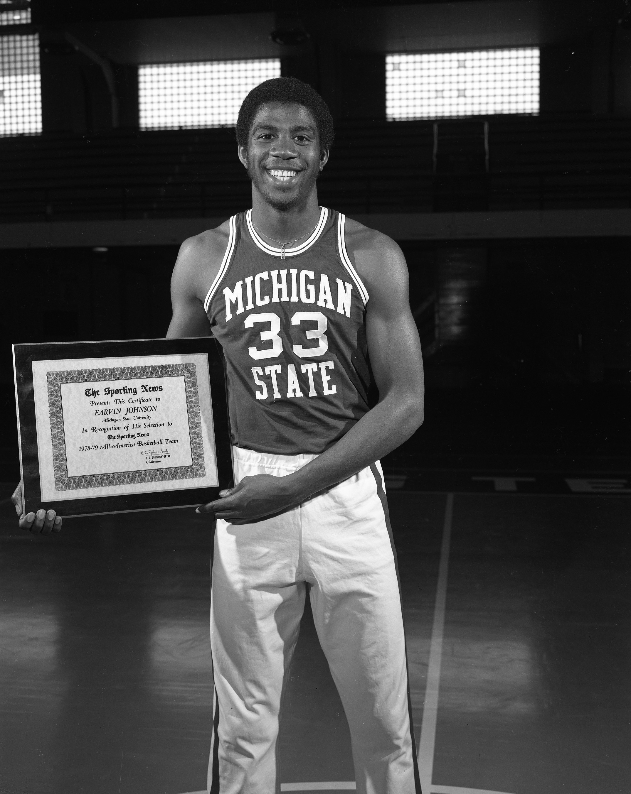 Magic Johnson with Sporting News Trophy, 1979