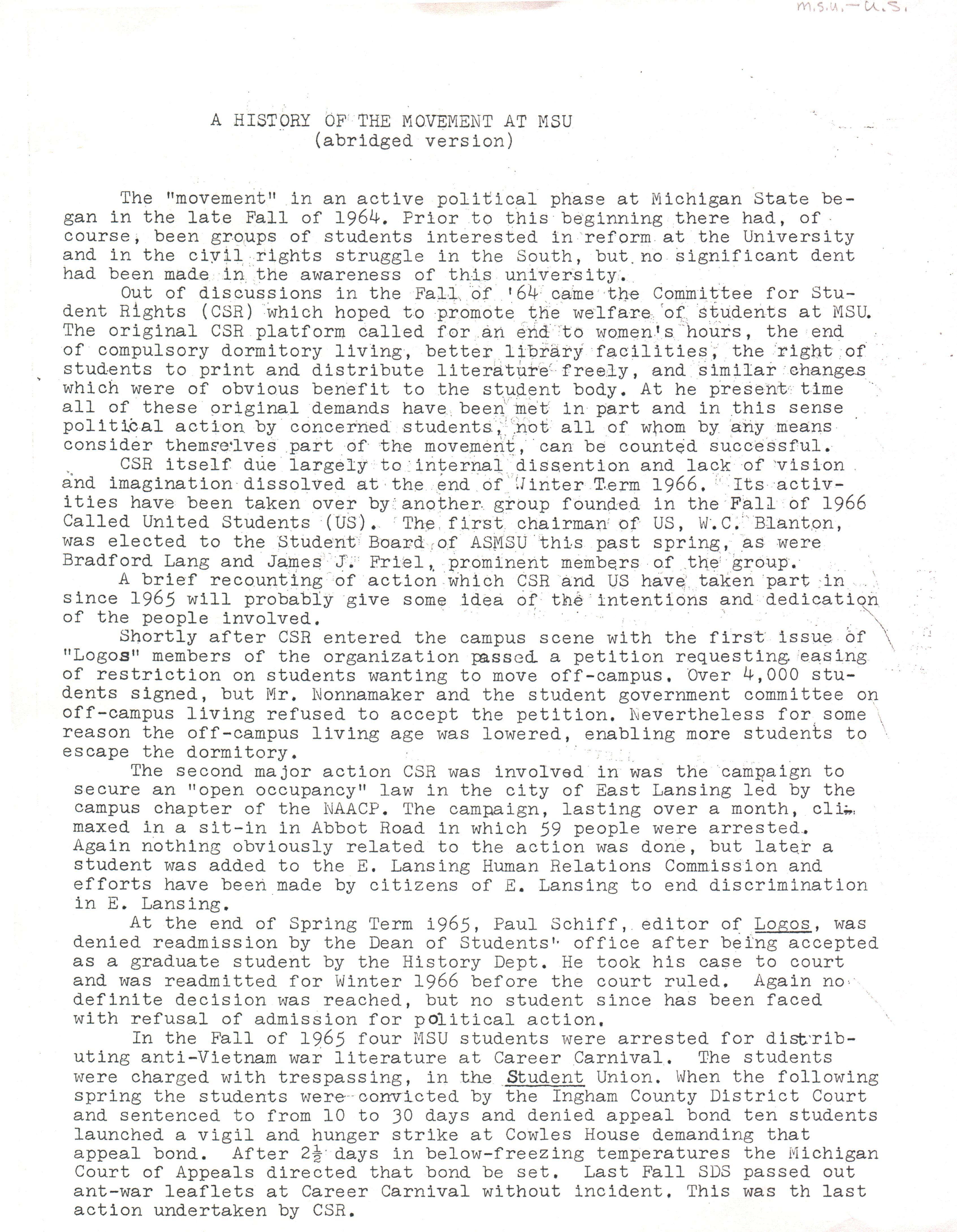 A history of the movement at MSU