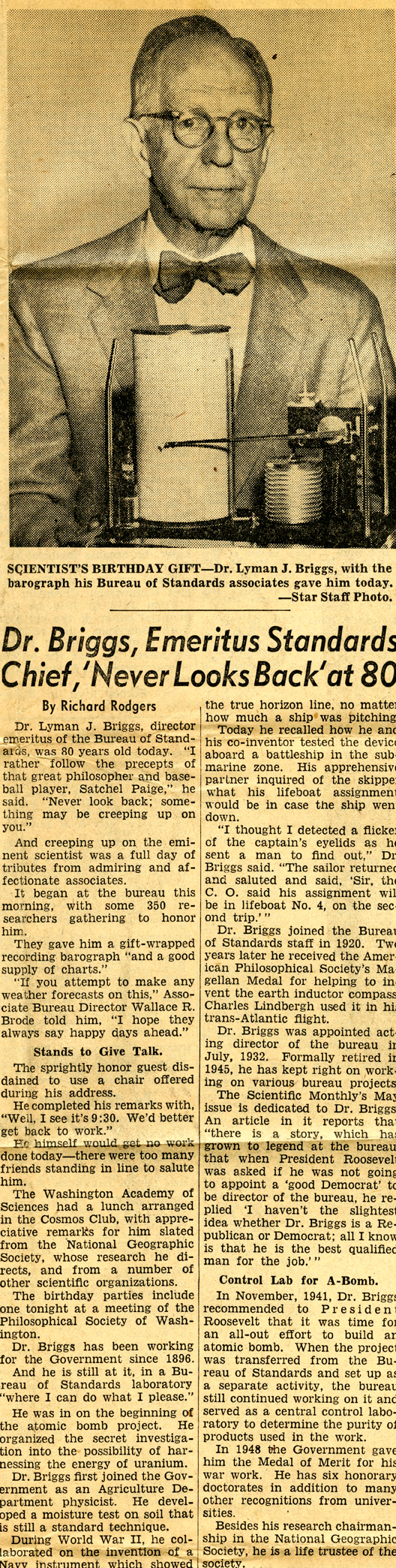 "Dr. Lyman Briggs Looks Back at 80 Years" Newspaper Article