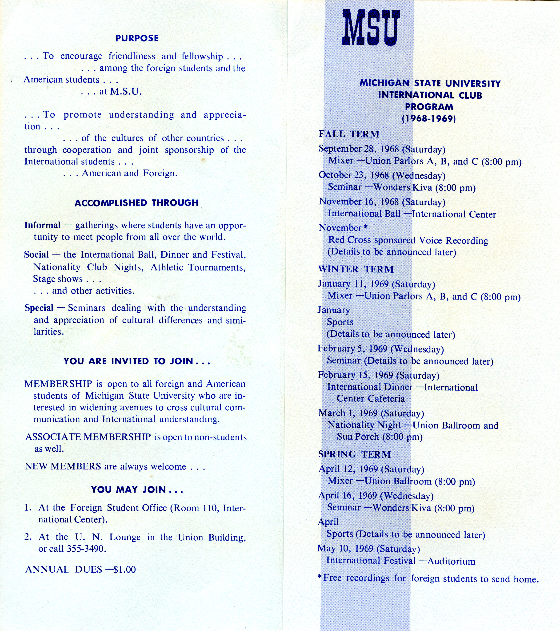 Photograph of MSU International Club Pamphlet Photograph of MSU International Club Pamphlet