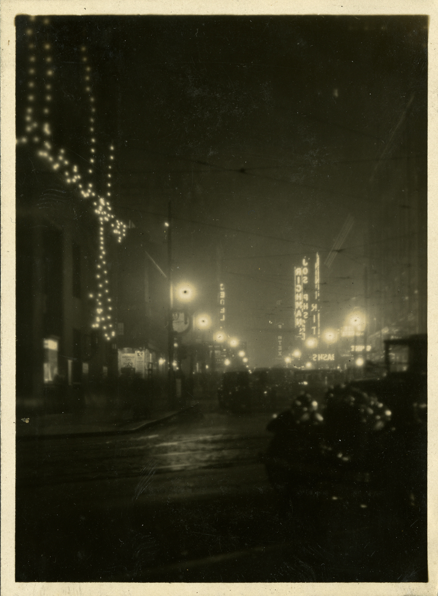 Downtown Lansing night scene, taken by Onn Mann Liang, circa 1925