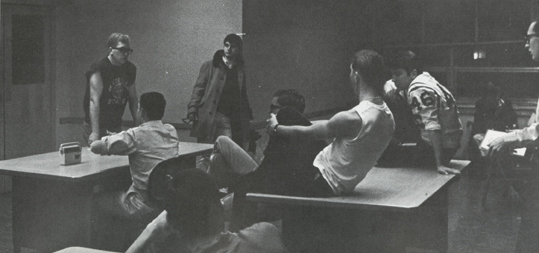Group of young men meet in dormitory, 1966-1967
