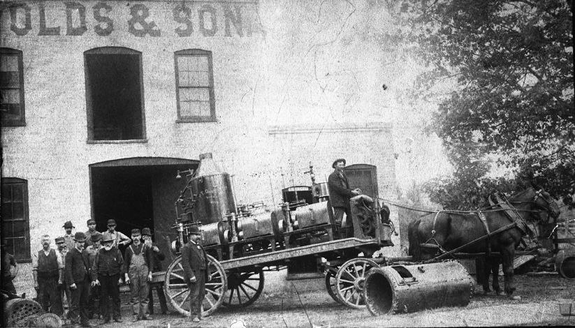 R.E. Olds steam wagon drawn by horse