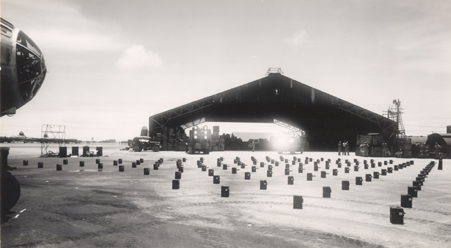 Jerome turret cameras in front of hangar, 1945-1946