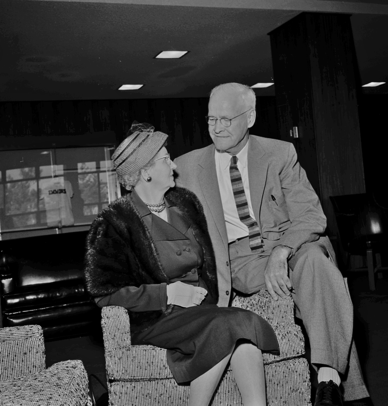 Dean Emmons and his wife at Emmons Hall, 1956