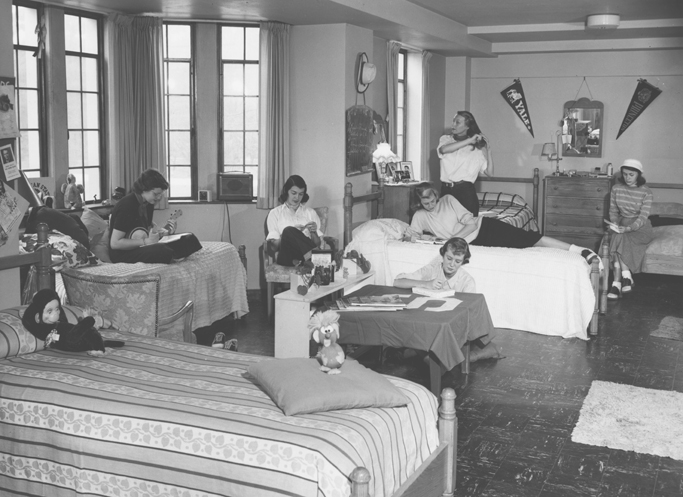 Six women in a dorm room, 1950