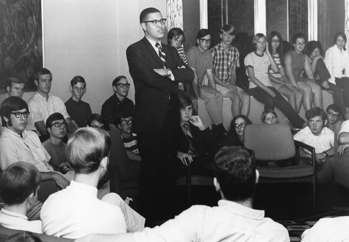 Clifton Wharton at a dorm meeting, 1970