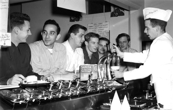 Students at the soda Fountain in Snyder Hall in 1950