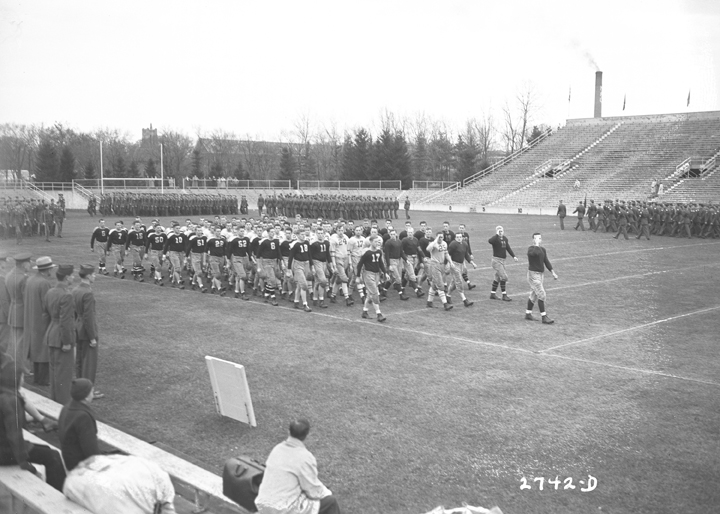 Campus football leagues march in formation, November 6, 1943