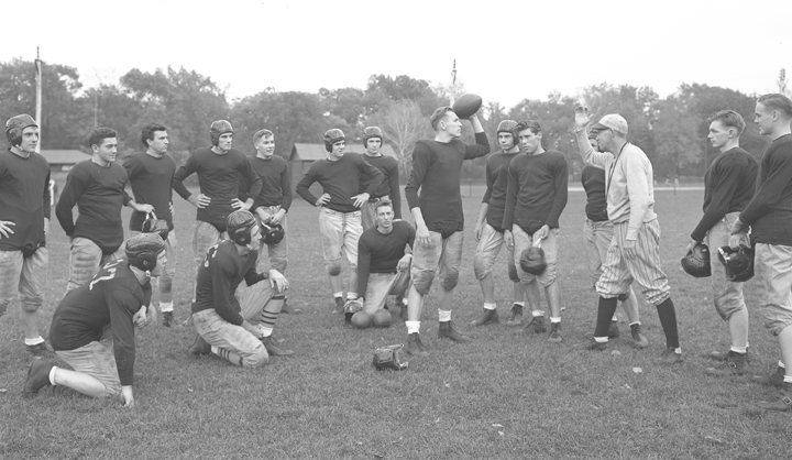 Campus football league teams practicing, October 1943