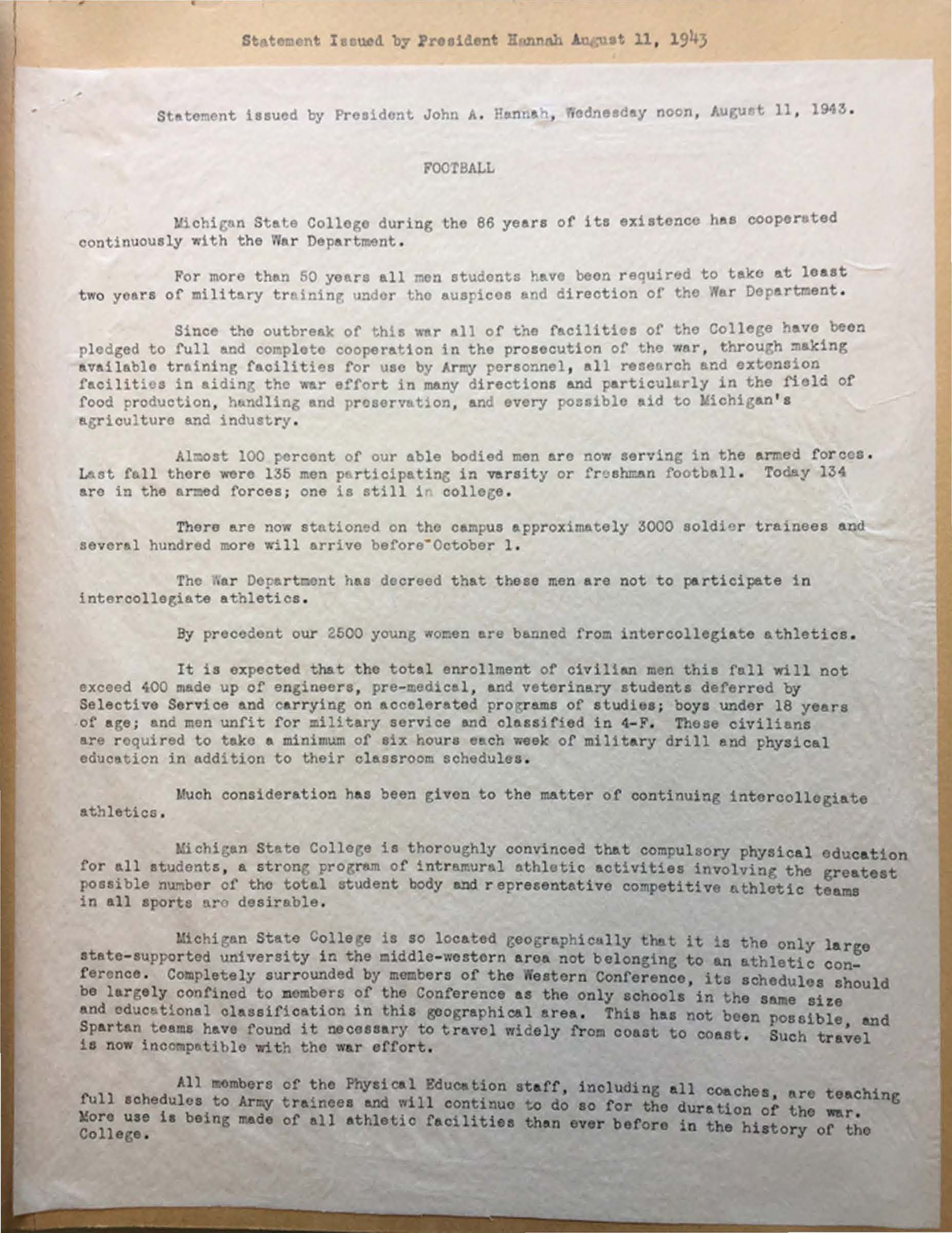 Statement of the 1943 football season cancelled