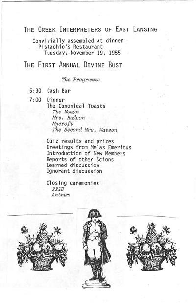 Meeting program for the Greek Interpreters of East Lansing, November 19, 1985