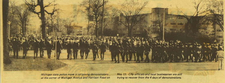 Police and Demonstrators on Michigan Avenue/Harrison Road from the East Lansing Towne Courier, 1972