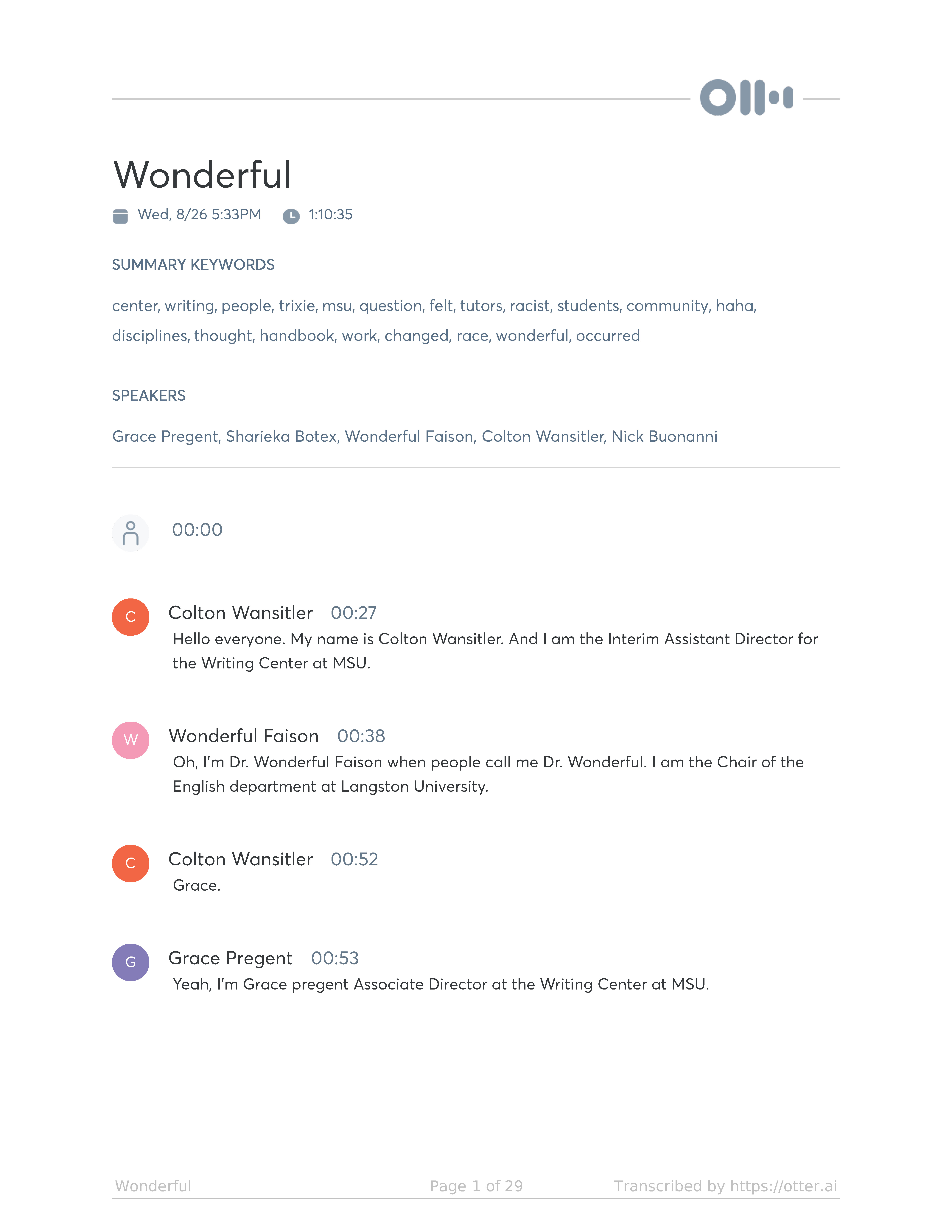Dr. Wonderful Faison interview transcript, June 25, 2020