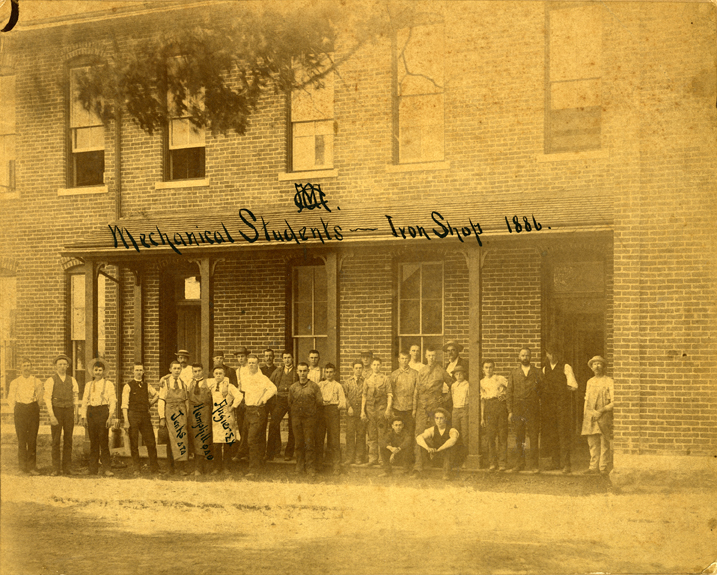 Mechanical students in front of the Iron Shop, 1886