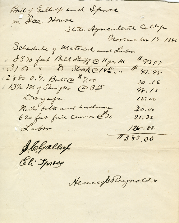 Bid of Gallup and Spross on Ice House, 1886