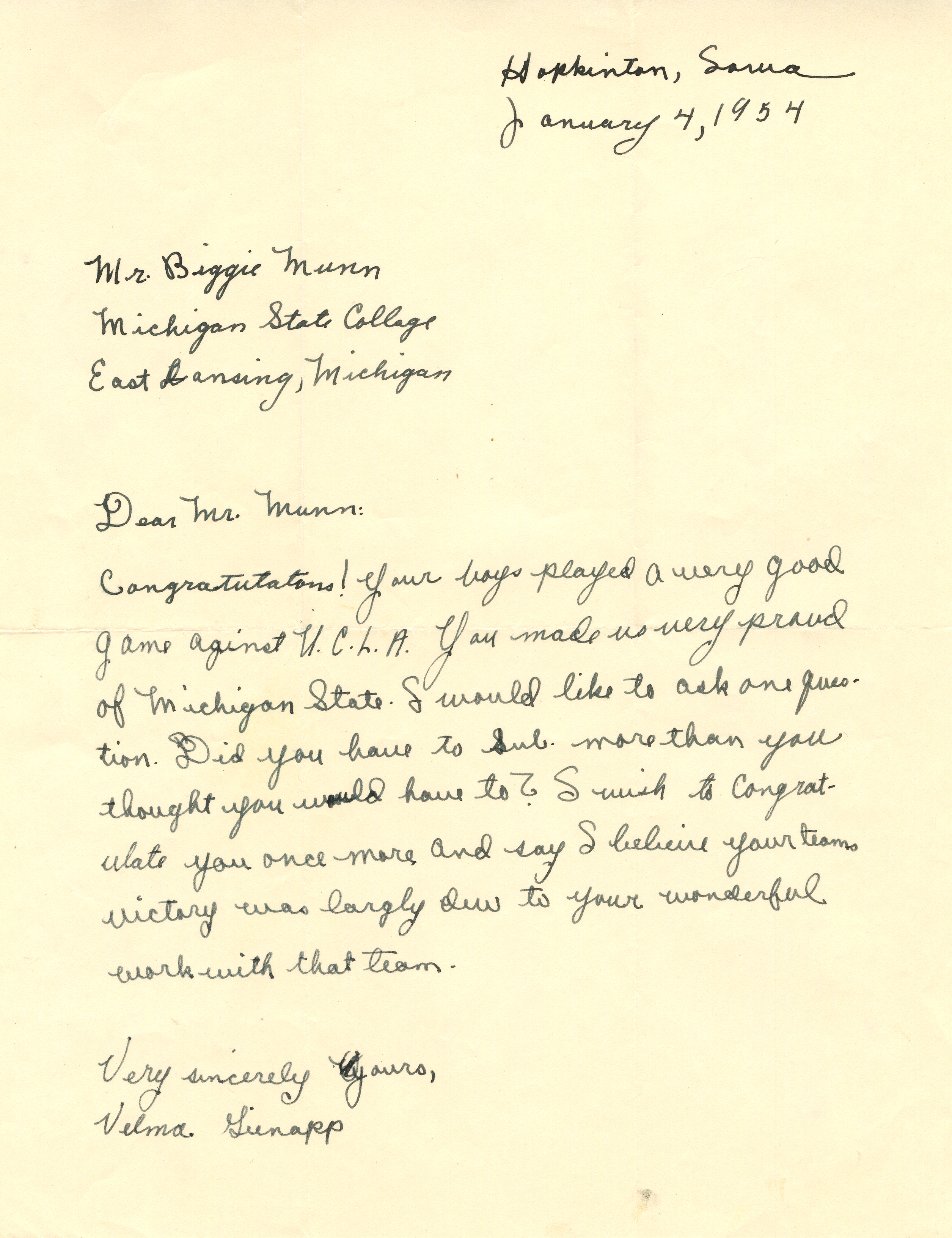Congratulatory letter to Biggie Munn, 1954