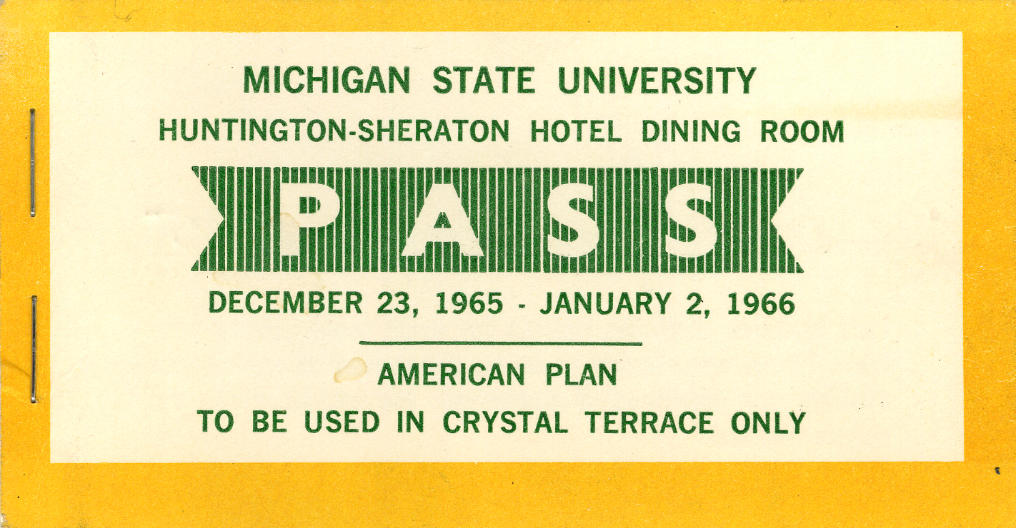 Huntington-Sheraton Hotel Dining Room Pass, 1965-1966