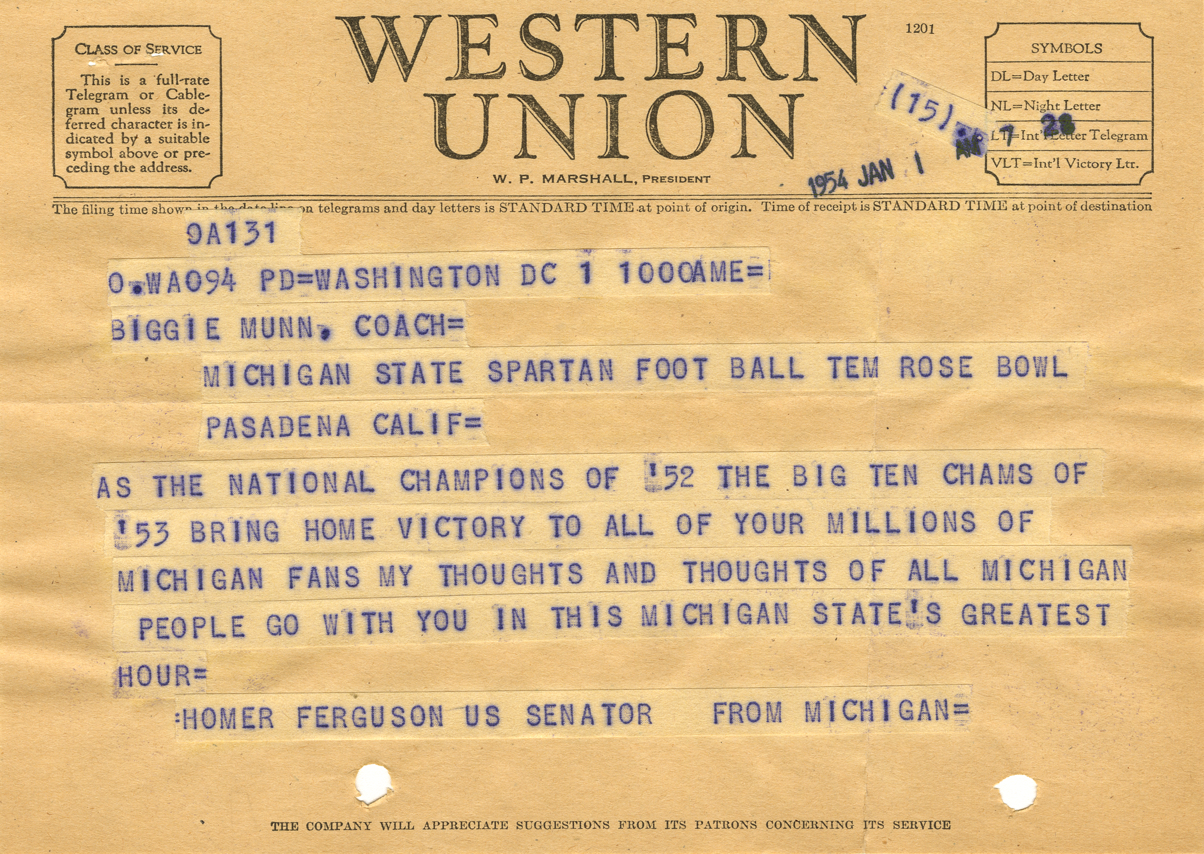 Good luck telegram to Biggie Munn, 1954
