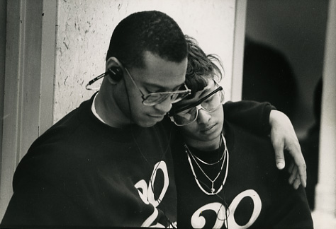 Two students sit together during the 1989 Hannah Building student sit in